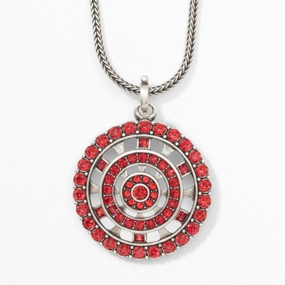 Touchstone Crystal by Swarovski Red Scarlet Medallion‎ Necklace Silver Plated